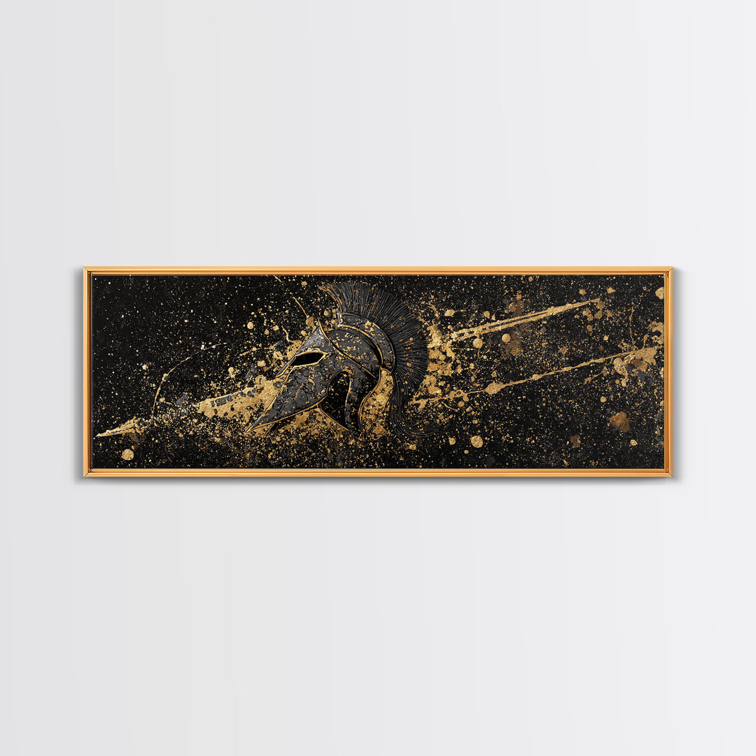 Spartan Helmet Warrior Portrait, Ancient Greek Hero Symbol Decorative Artwork, Gold Canvas Print, Real Wood Frame Mythology Art