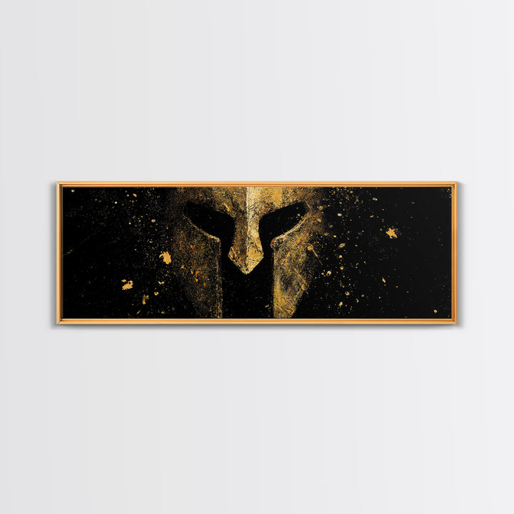 Spartan Helmet Close Detail, Ancient Greek Warrior Decorative Mythological Artwork, Gold Canvas Print, Real Wood Frame Wall Art