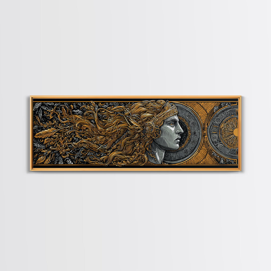 Temple Of Olympus Illustration, Ancient Greek Architecture Gold Canvas Print, Mythology Wall Art, Real Wood Frame