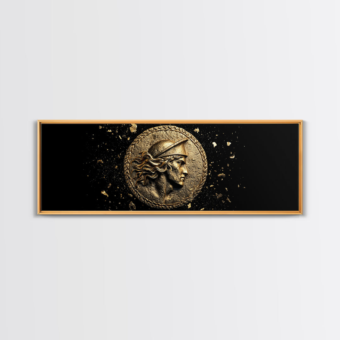 Ancient Greek Coin Relief Portrait, Historical Mythology Gold Canvas Print, Classical Wall Art, Real Wood Frame