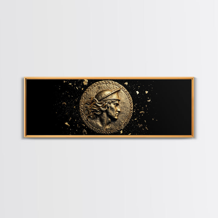 Ancient Greek Coin Relief Portrait, Historical Mythology Gold Canvas Print, Classical Wall Art, Real Wood Frame