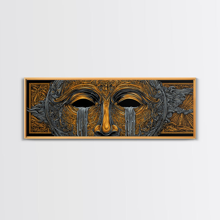 Mythical Golden Mask Illustration, Surreal Greek Inspired Gold Canvas Print, Fantasy Wall Art, Real Wood Frame