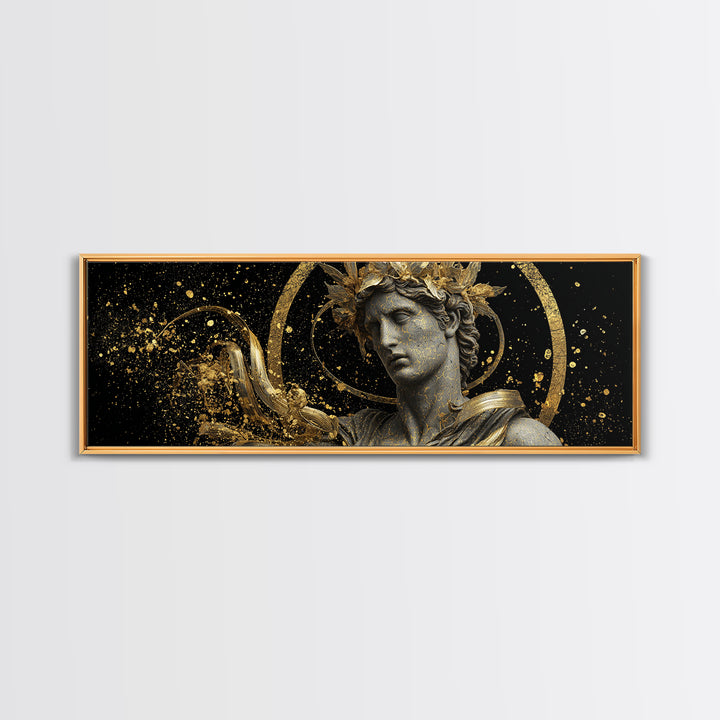 Apollo Bust With Golden Halo, Ancient Greek God Gold Canvas Print, Mythology Sculpture Wall Art, Real Wood Frame