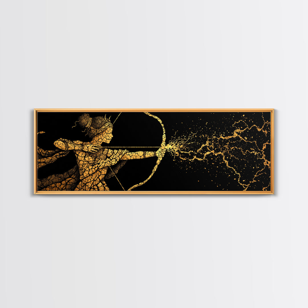 Artemis Golden Archer Illustration, Ancient Greek Goddess Gold Canvas Print, Mythology Wall Art, Real Wood Frame