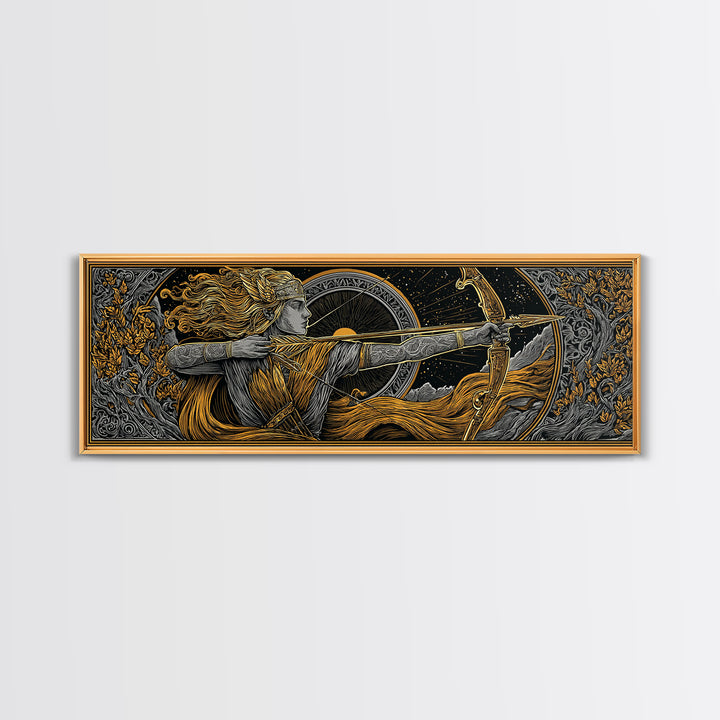 Greek Goddess Artemis With Bow, Mythological Archer Gold Canvas Print, Fantasy Wall Art, Real Wood Frame