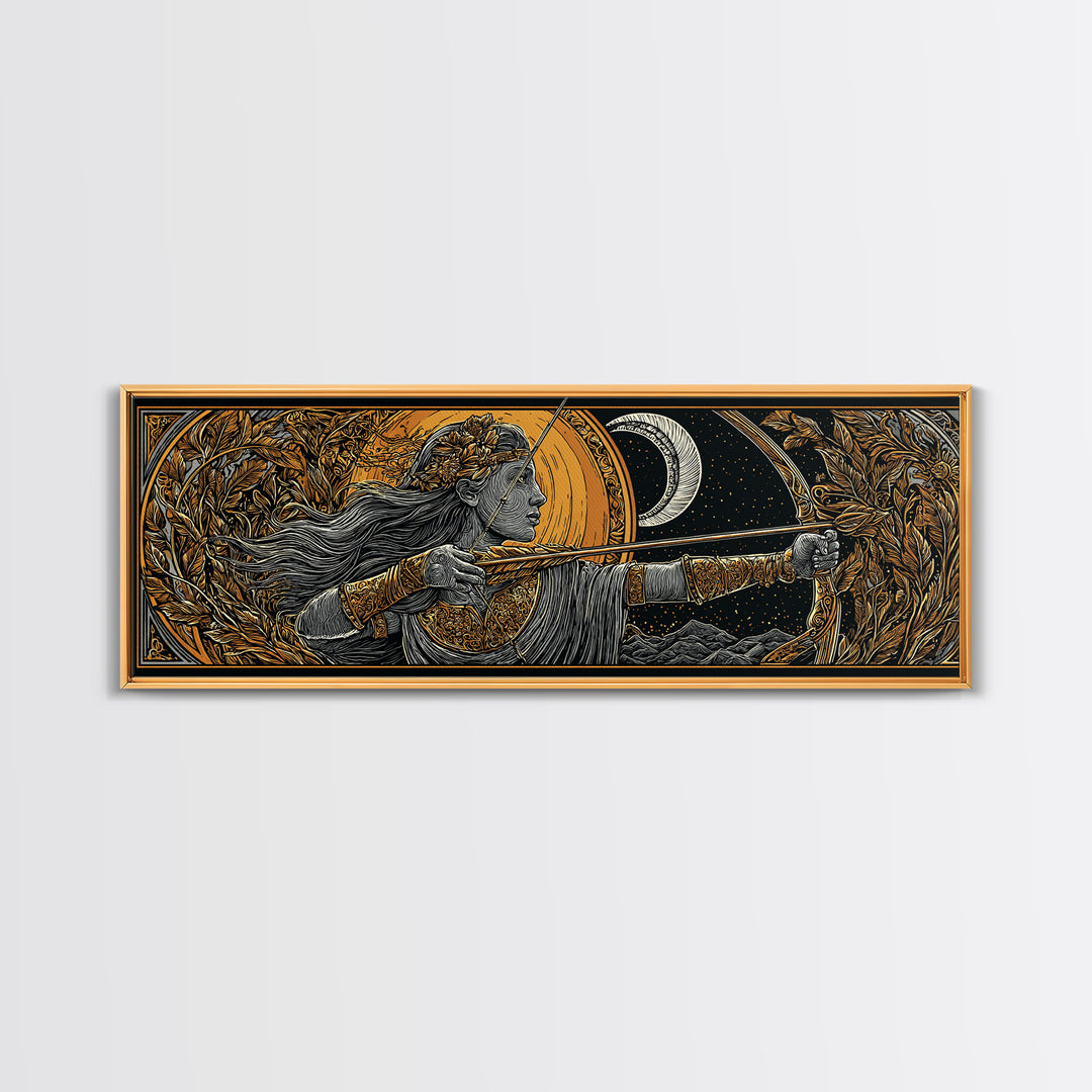 Artemis Moon Goddess Archer, Mythology Inspired Gold Canvas Print, Greek Goddess Wall Art, Real Wood Frame