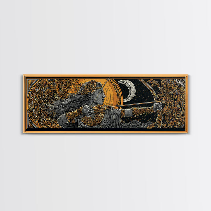 Artemis Moon Goddess Archer, Mythology Inspired Gold Canvas Print, Greek Goddess Wall Art, Real Wood Frame