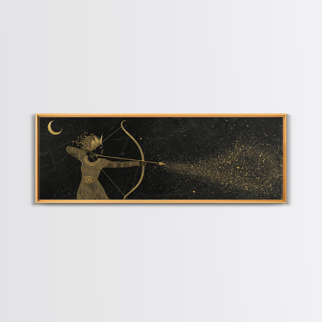 Celestial Artemis Shooting Stars, Ancient Greek Goddess Gold Canvas Print, Mythology Wall Art, Real Wood Frame