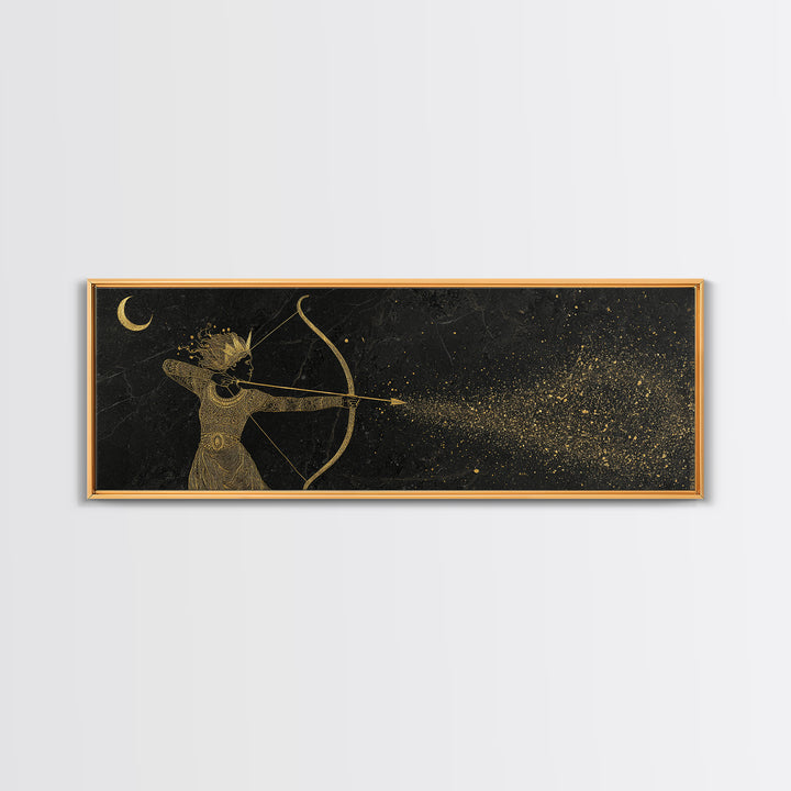 Celestial Artemis Shooting Stars, Ancient Greek Goddess Gold Canvas Print, Mythology Wall Art, Real Wood Frame