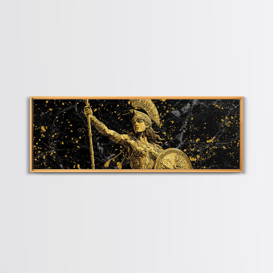 Athena Goddess Of Wisdom And War, Ancient Greek Gold Canvas Print, Mythology Warrior Wall Art, Real Wood Frame