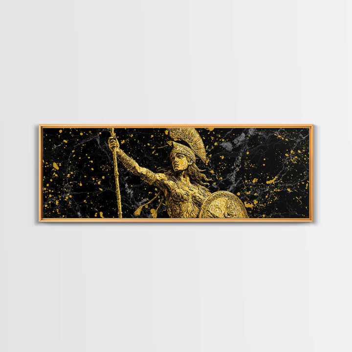 Athena Goddess Of Wisdom And War, Ancient Greek Gold Canvas Print, Mythology Warrior Wall Art, Real Wood Frame