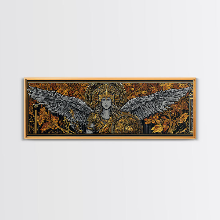 Athena With Wings And Shield, Ancient Greek Goddess Gold Canvas Print, Mythology Warrior Wall Art, Real Wood Frame