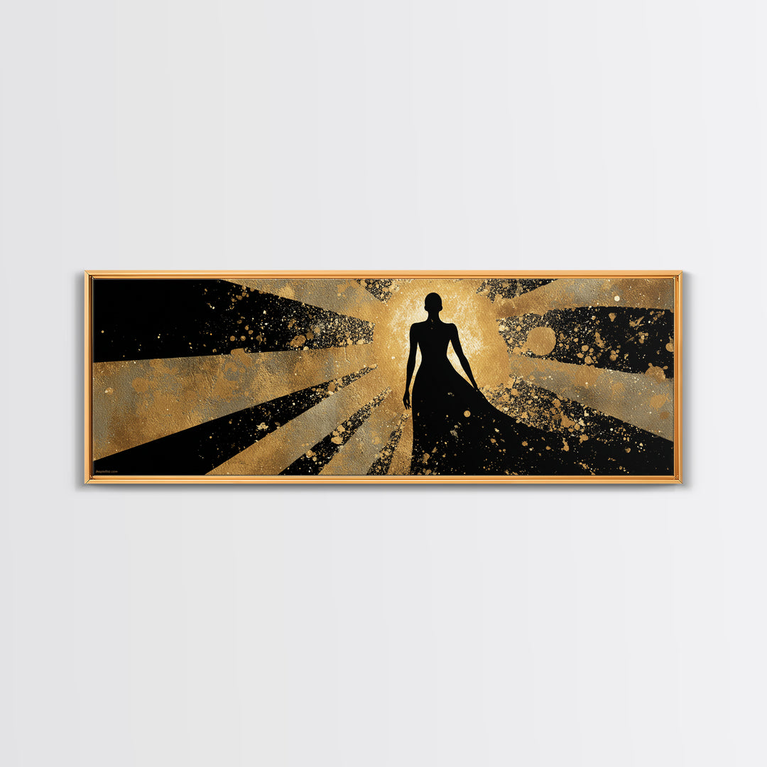 Divine Goddess Silhouette, Radiant Light Rays Wall Decor, Gold Canvas Print, Luxury Mythology Art, Real Wood Frame
