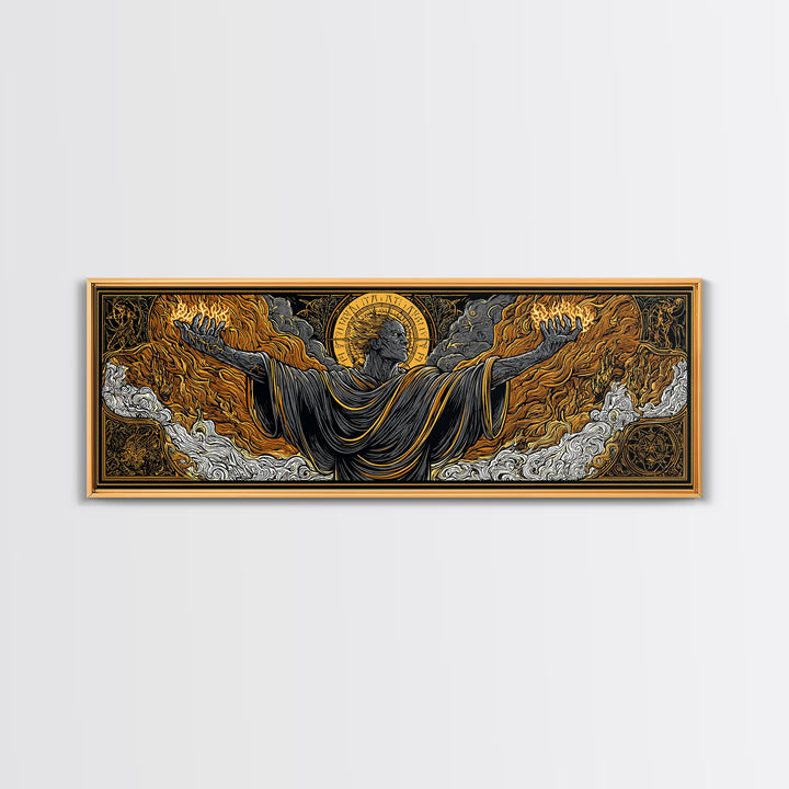 Ancient Titan With Flames, Mythology God Wall Art, Gold Canvas Print, Dramatic Greek Decor, Real Wood Frame