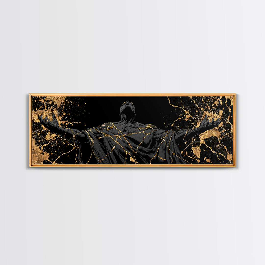 Broken God Kintsugi Style, Abstract Mythology Figure, Gold Canvas Print, Elegant Modern Wall Art, Real Wood Frame