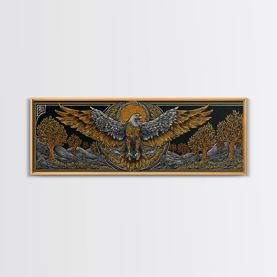 Eagle With Outstretched Wings, Mythology Bird Wall Decor, Gold Canvas Print, Symbolic Strength Art, Real Wood Frame