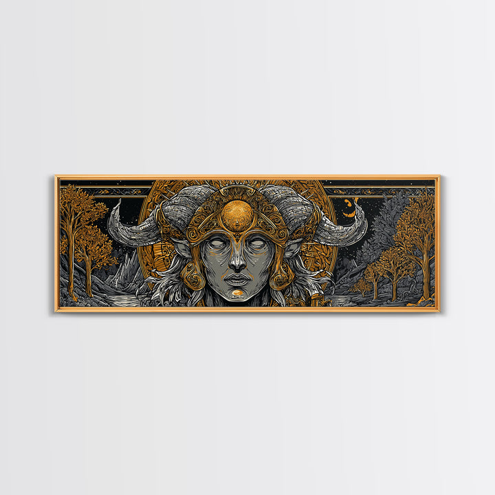Horned Goddess Portrait, Celtic Mythology Wall Decor, Gold Canvas Print, Fantasy Pagan Inspired Art, Real Wood Frame