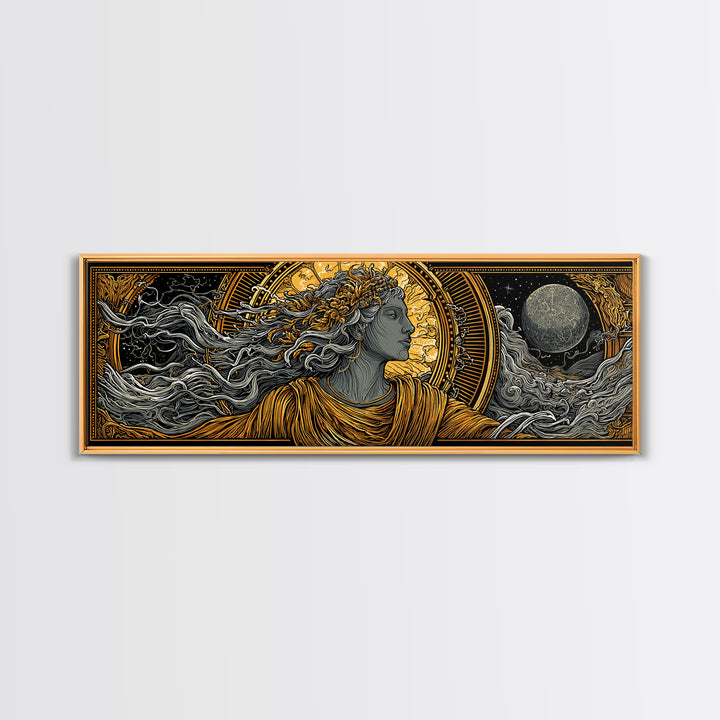 Solar Goddess With Moon, Celestial Mythology Wall Art, Gold Canvas Print, Elegant Greek Inspired Decor, Real Wood Frame