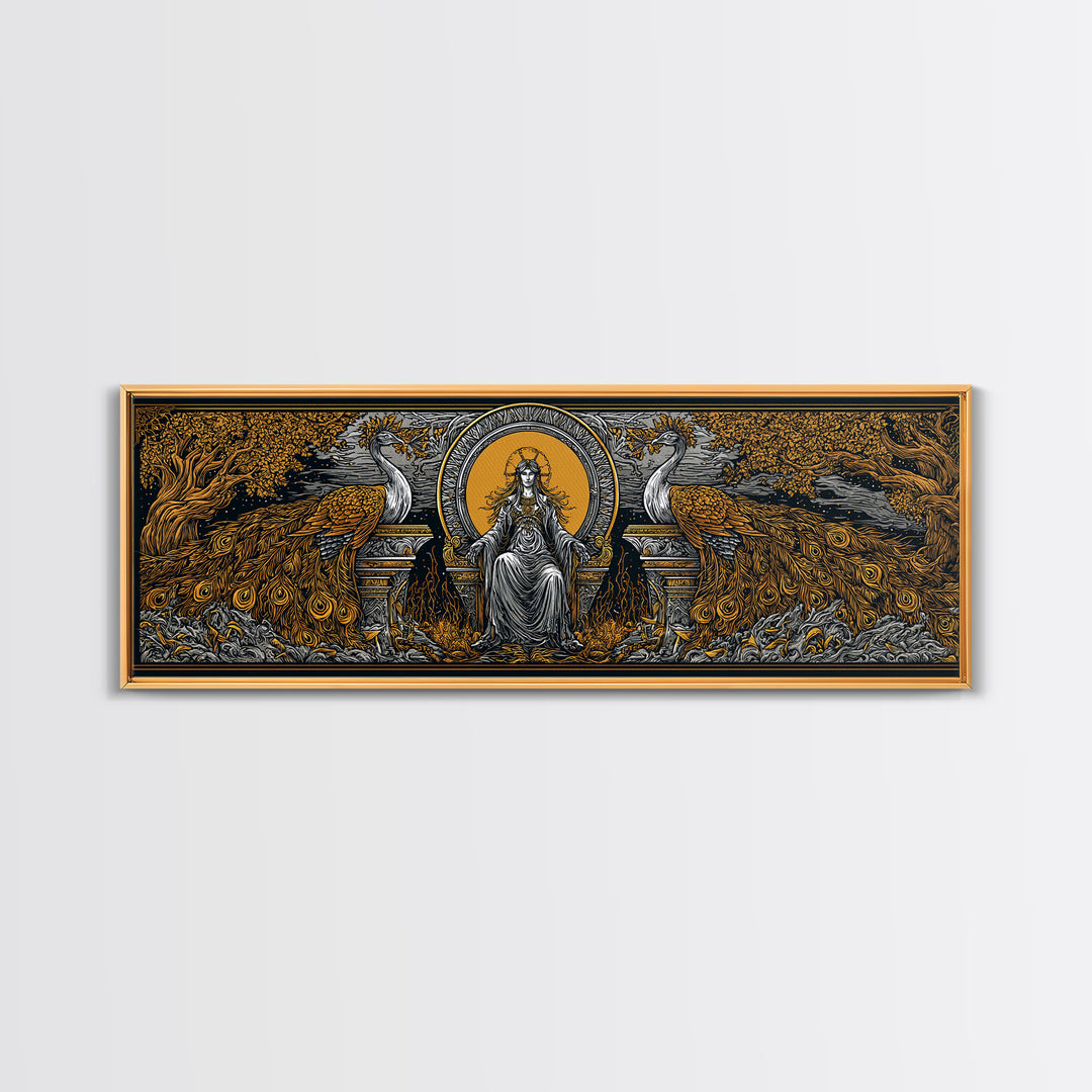 Queen Goddess With Peacocks, Mythology Regal Wall Art, Gold Canvas Print, Luxurious Divine Decor, Real Wood Frame