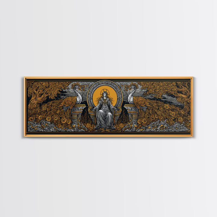 Queen Goddess With Peacocks, Mythology Regal Wall Art, Gold Canvas Print, Luxurious Divine Decor, Real Wood Frame