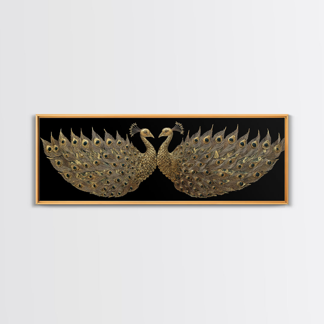 Twin Peacock Feathers, Elegant Bird Wall Decor, Gold Canvas Print, Symbolic Decorative Art, Real Wood Frame