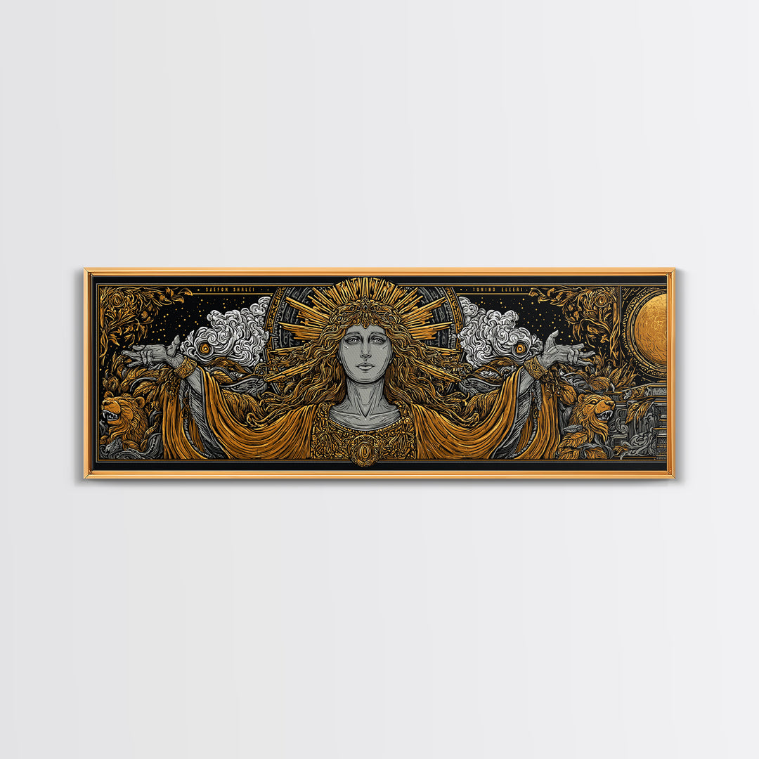 Hera Goddess Gold Canvas Print, Greek Mythology Wall Art, Regal Woman Illustration, Real Wood Frame, Luxury Home Decor