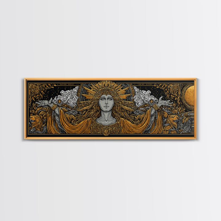 Hera Goddess Gold Canvas Print, Greek Mythology Wall Art, Regal Woman Illustration, Real Wood Frame, Luxury Home Decor