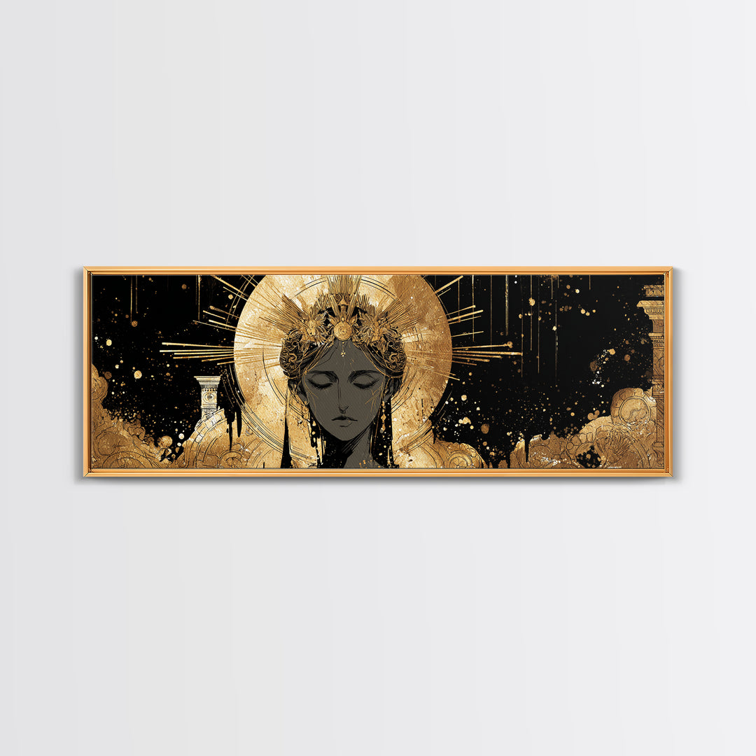 Hera Divine Gold Canvas Print, Greek Goddess Wall Art, Mythological Woman Portrait, Real Wood Frame, Elegant Home Decor