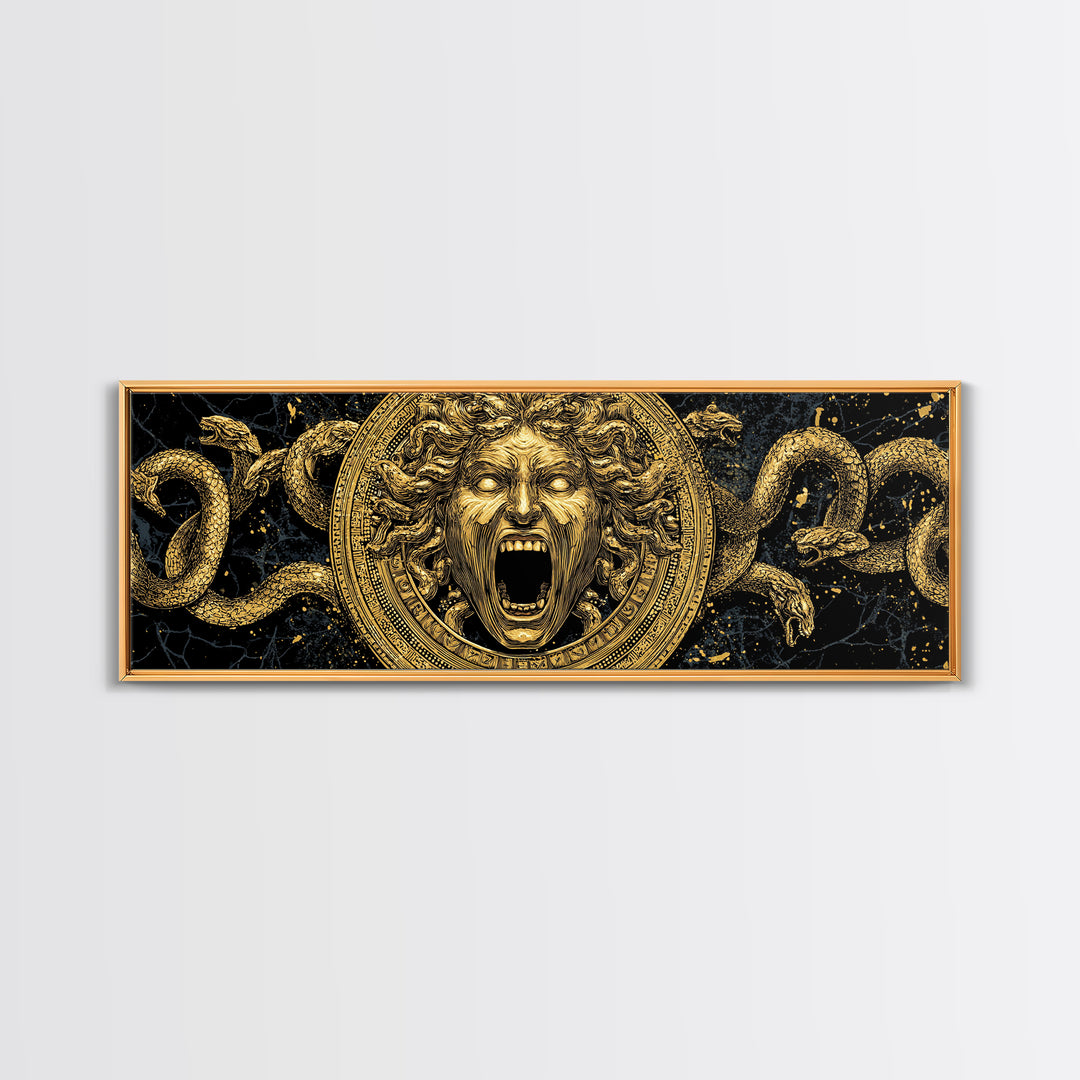 Medusa Gold Canvas Print, Mythology Wall Art, Serpent Hair Gorgon Illustration, Greek Goddess Decor, Real Wood Frame, Luxury