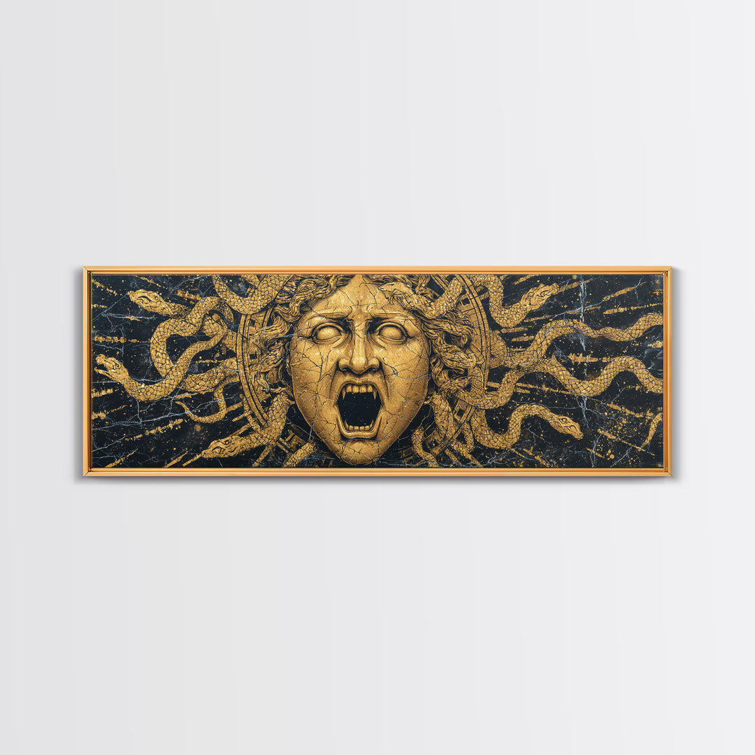 Medusa Serpent Gold Canvas Print, Greek Mythology Wall Art, Gorgon Face Illustration, Real Wood Frame, Unique Statement Decor