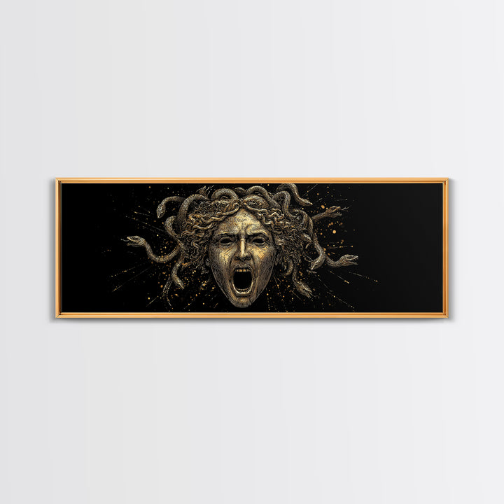 Medusa Head Gold Canvas Art, Greek Mythological Gorgon Wall Print, Snake Hair Woman Illustration, Real Wood Frame, Bold Luxury Decor