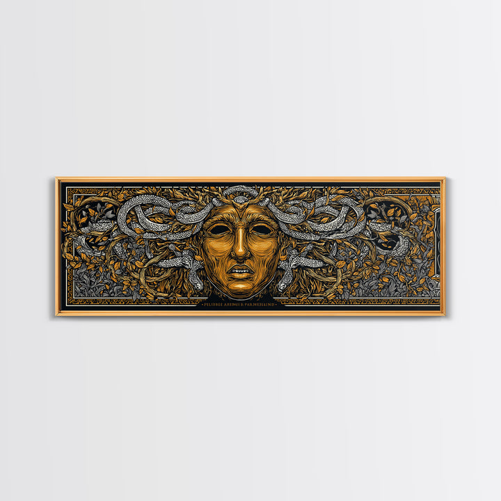 Medusa Myth Gold Canvas Print, Snake Goddess Wall Art, Ancient Greek Gorgon Illustration, Real Wood Frame, Dramatic Luxury Decor