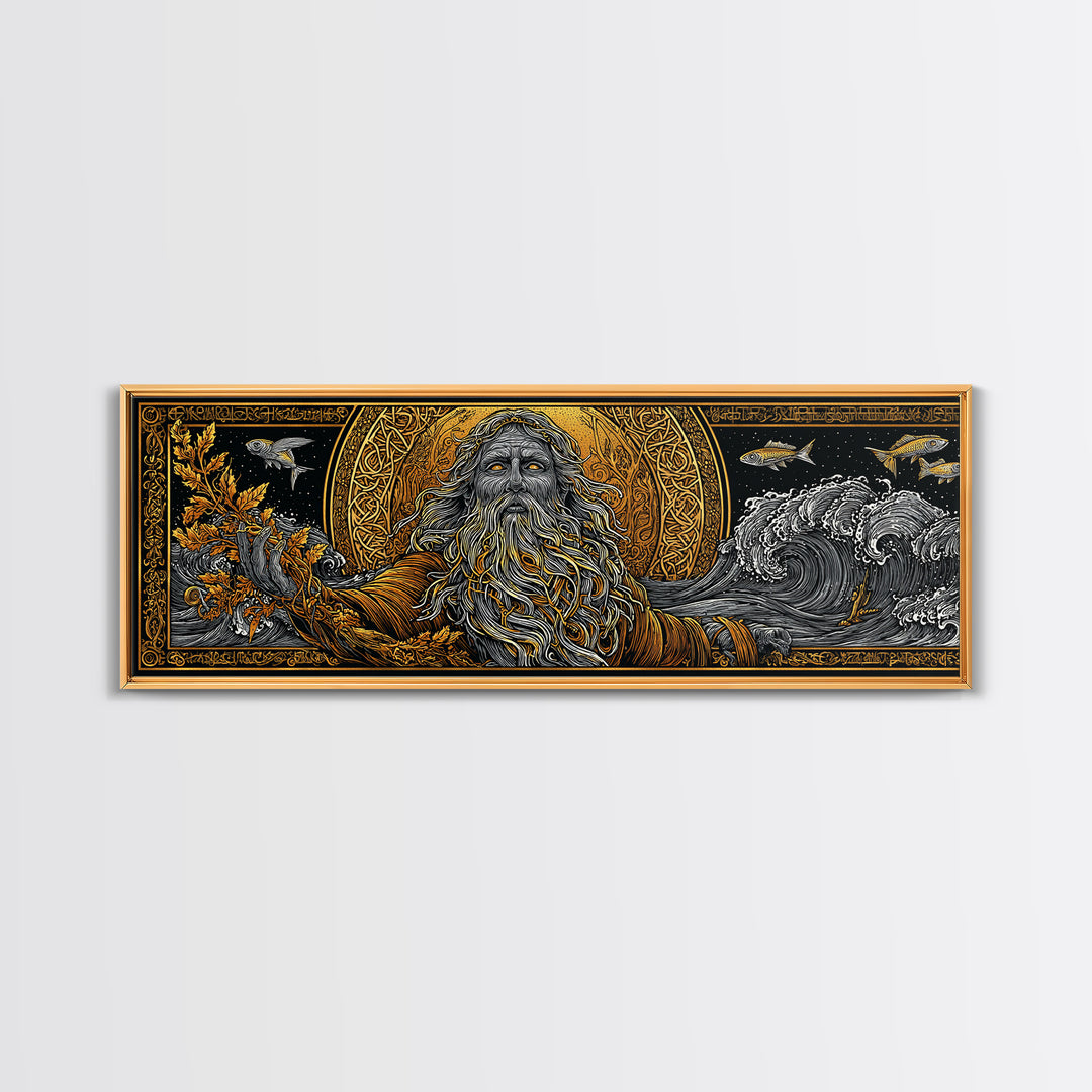 Oceanus Gold Canvas Print, Greek Titan Of The Sea, Mythology Wall Art, Flowing Waves Illustration, Real Wood Frame, Ocean Decor