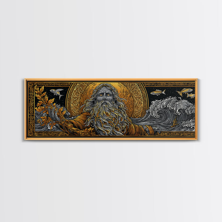 Oceanus Gold Canvas Print, Greek Titan Of The Sea, Mythology Wall Art, Flowing Waves Illustration, Real Wood Frame, Ocean Decor