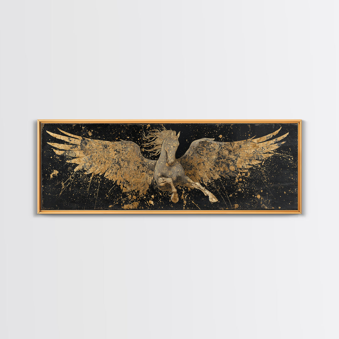 Pegasus Flying Gold Canvas Print, Greek Mythology Horse Wall Art, Real Wood Frame, Luxury Decorative Artwork