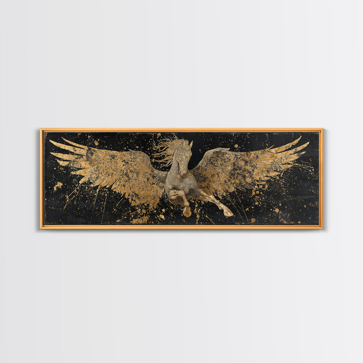 Pegasus Flying Gold Canvas Print, Greek Mythology Horse Wall Art, Real Wood Frame, Luxury Decorative Artwork