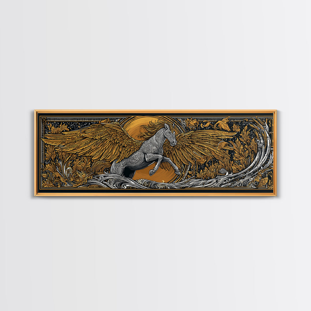 Pegasus Rising Gold Canvas Print, Mythological Horse Wall Art, Real Wood Frame, Luxury Collectible Decorative Art