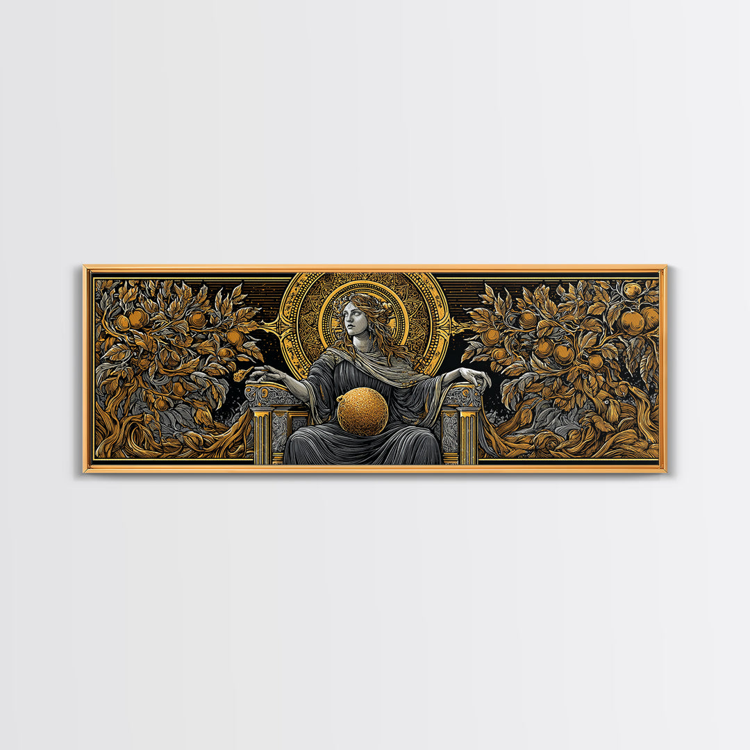 Persephone Throne Gold Canvas Print, Goddess Of Spring Wall Art, Real Wood Frame, Mythology Artwork For Decor