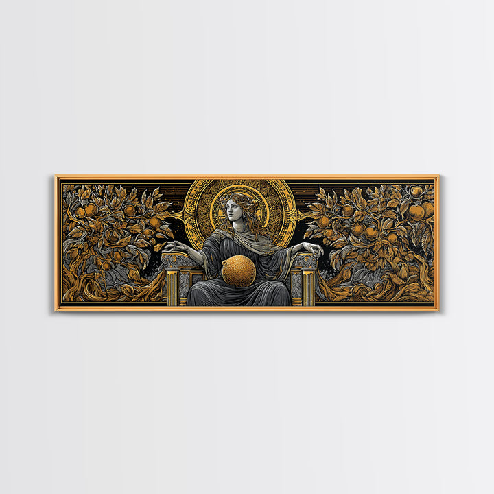 Persephone Throne Gold Canvas Print, Goddess Of Spring Wall Art, Real Wood Frame, Mythology Artwork For Decor