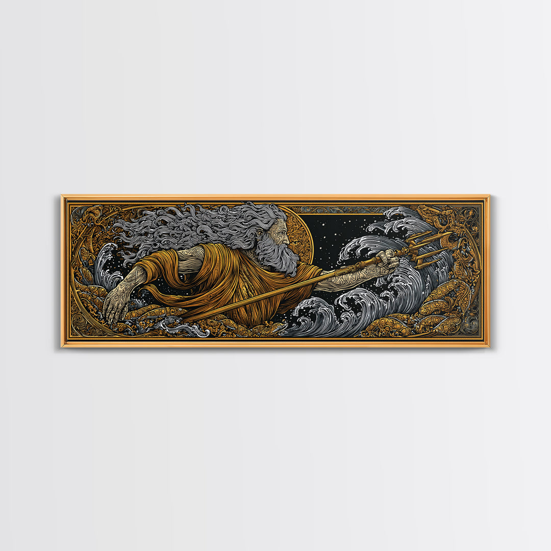 Poseidon Wields Gold Canvas Print, Sea God Wall Art, Real Wood Frame, Mythological Ocean Artwork For Home Decor