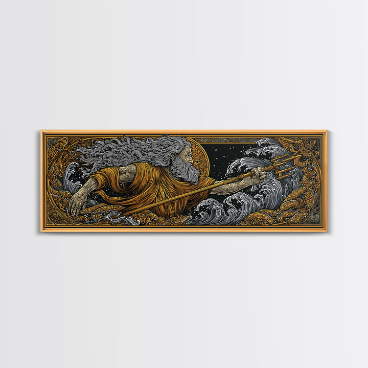Poseidon Wields Gold Canvas Print, Sea God Wall Art, Real Wood Frame, Mythological Ocean Artwork For Home Decor