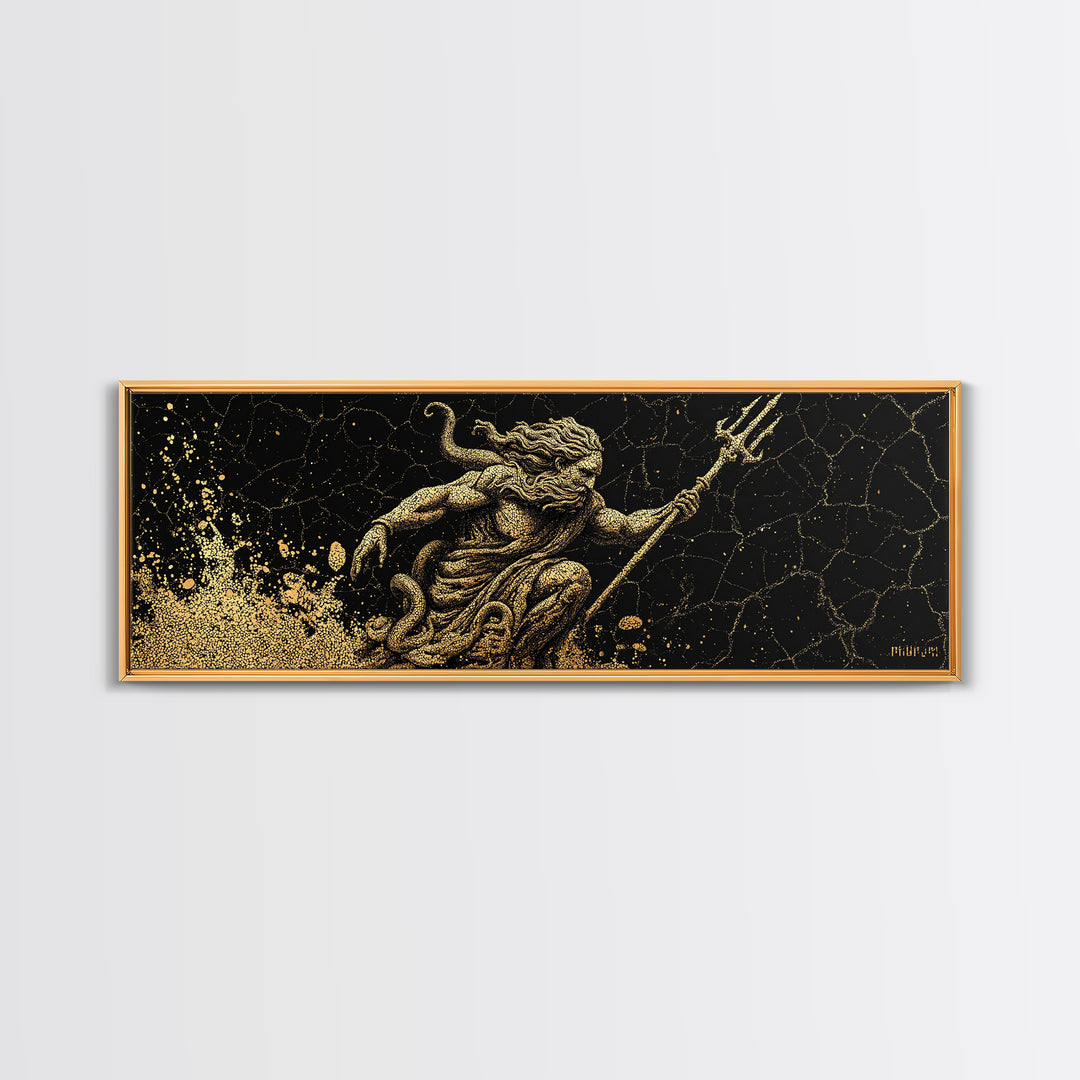 Poseidon Ocean Gold Canvas Print, Greek Mythology Wall Art, Real Wood Frame, Decorative God Of The Sea Artwork