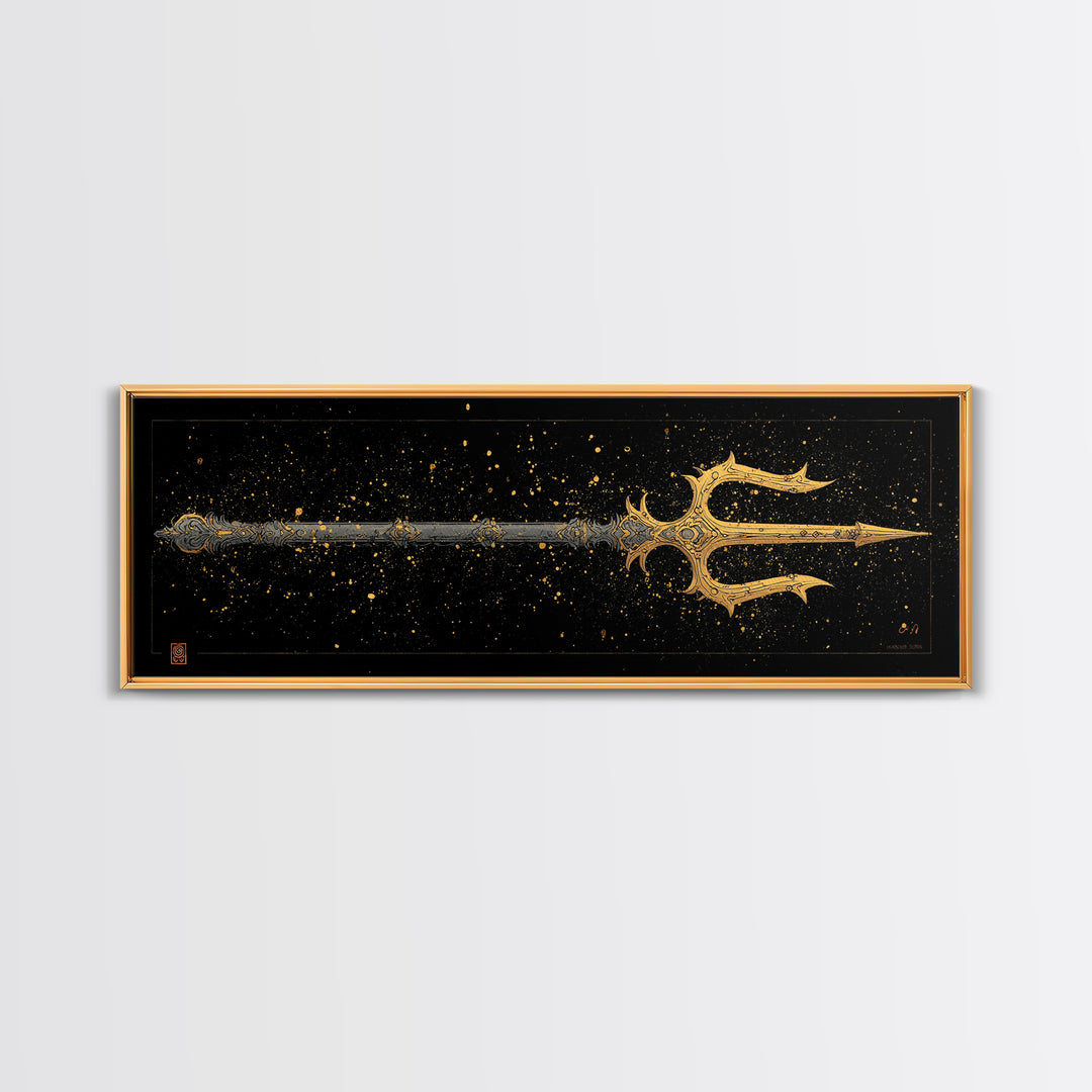 Poseidon Trident Gold Canvas Print, Mythology Wall Art, Real Wood Frame, Sea God Artwork For Home Or Office Decor