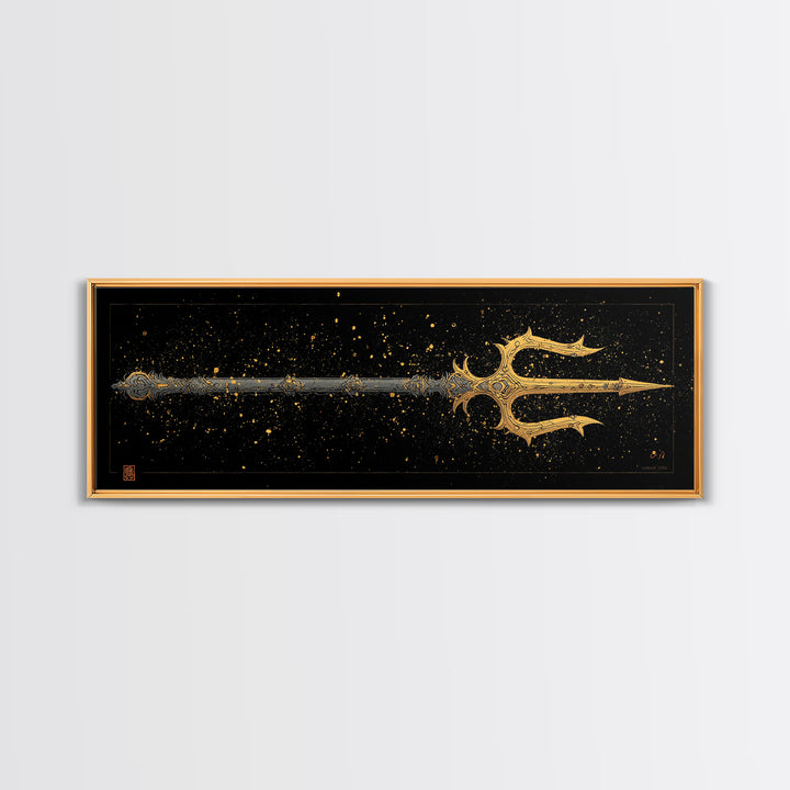 Poseidon Trident Gold Canvas Print, Mythology Wall Art, Real Wood Frame, Sea God Artwork For Home Or Office Decor