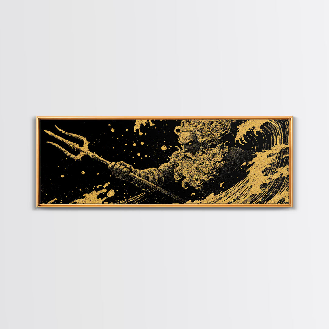 Poseidon Waves Gold Canvas Print, Mythological Sea God Wall Art, Real Wood Frame, Luxury Decorative Greek Artwork
