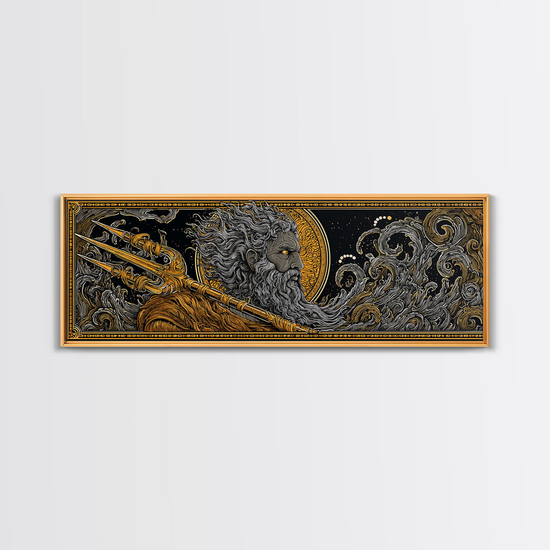 Poseidon With Trident Gold Canvas Print, Greek Mythology Wall Art, Real Wood Framed Canvas Artwork, Luxury Home Decor