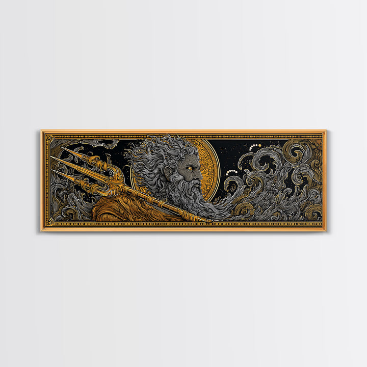 Poseidon With Trident Gold Canvas Print, Greek Mythology Wall Art, Real Wood Framed Canvas Artwork, Luxury Home Decor