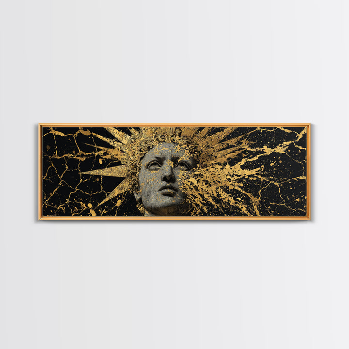 Prometheus Sunburst Bust Gold Canvas Print, Greek Statue Inspired Wall Art, Real Wood Frame, Elegant Mythology Artwork
