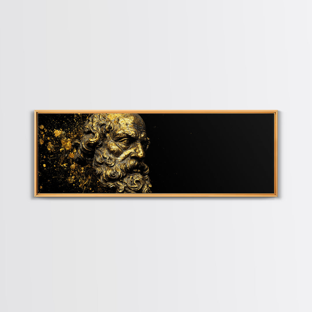 Socrates Bust Gold Canvas Art, Greek Philosopher Canvas Print, Classical Statue Inspired Artwork, Real Wood Frame Wall Decor