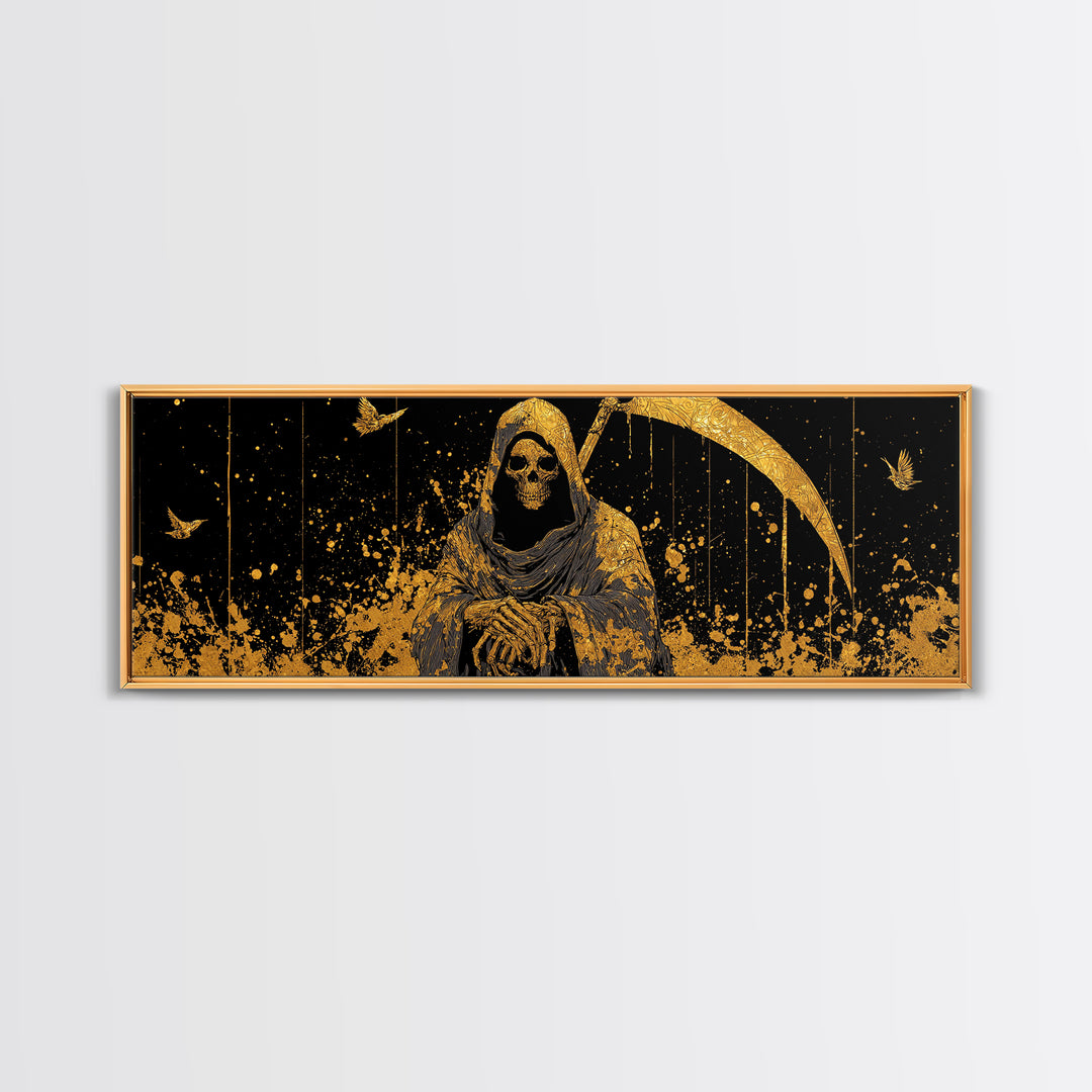 Thanatos Grim Reaper Gold Canvas Print, Mythology Inspired Wall Art, Real Wood Framed Canvas Artwork, Gothic Home Decor